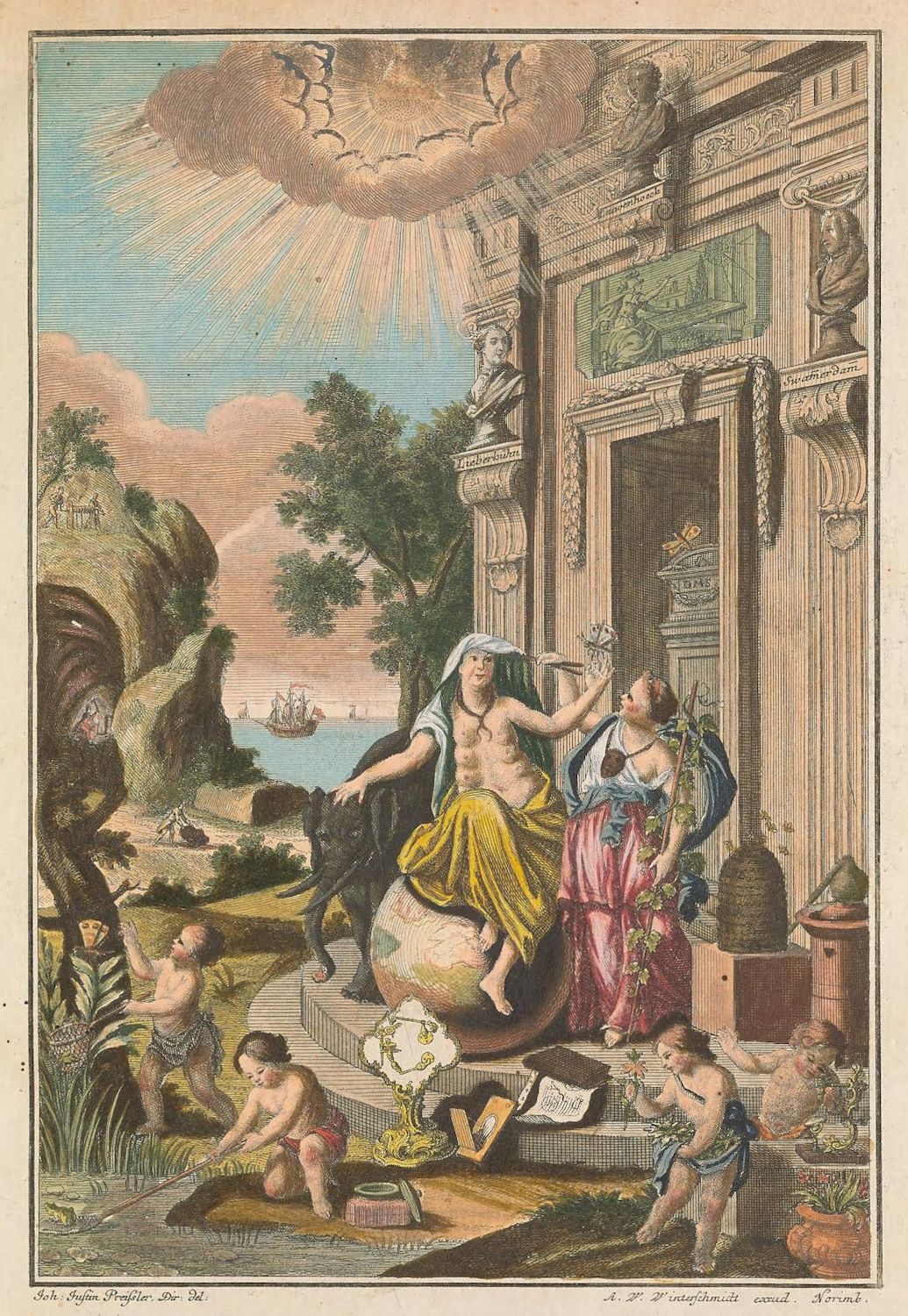 Detailed engraving of an allegorical scene with two women, cherubs, a classical building, and a landscape.