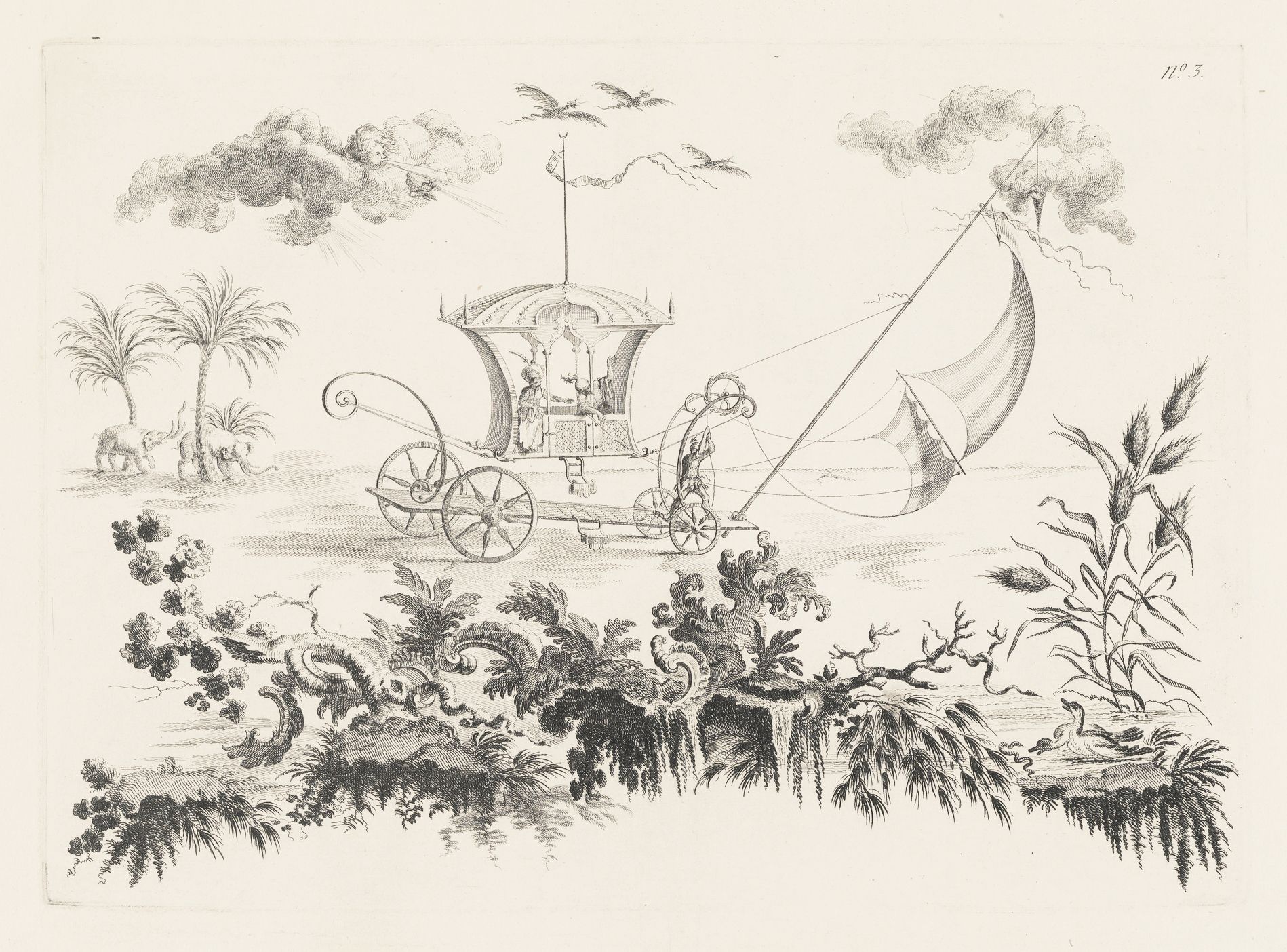 A black and white illustration of a carriage pulled by a sail-like structure, with palm trees, elephants, birds, and dense foliage in the background.