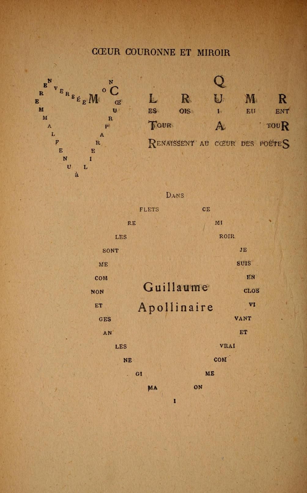 A page of poetry with fragmented text in French, titled "Coeur Couronne et Miroir", with the name "Guillaume Apollinaire" in the center.