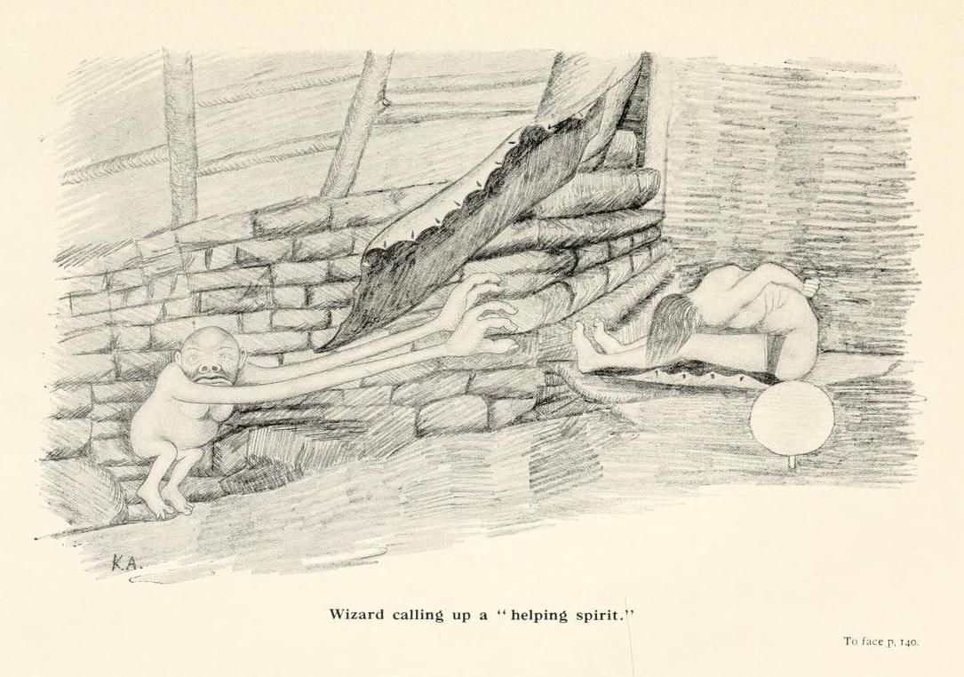 A black and white pencil sketch depicting a wizard calling up a spirit.