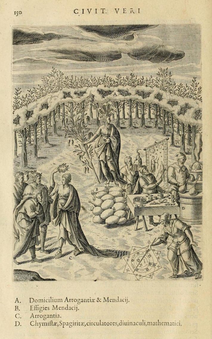 A detailed black and white engraving from a book, titled 'Civit. Veri' at the top. The scene depicts a forest or wooded area with several figures engaged in various activities.
