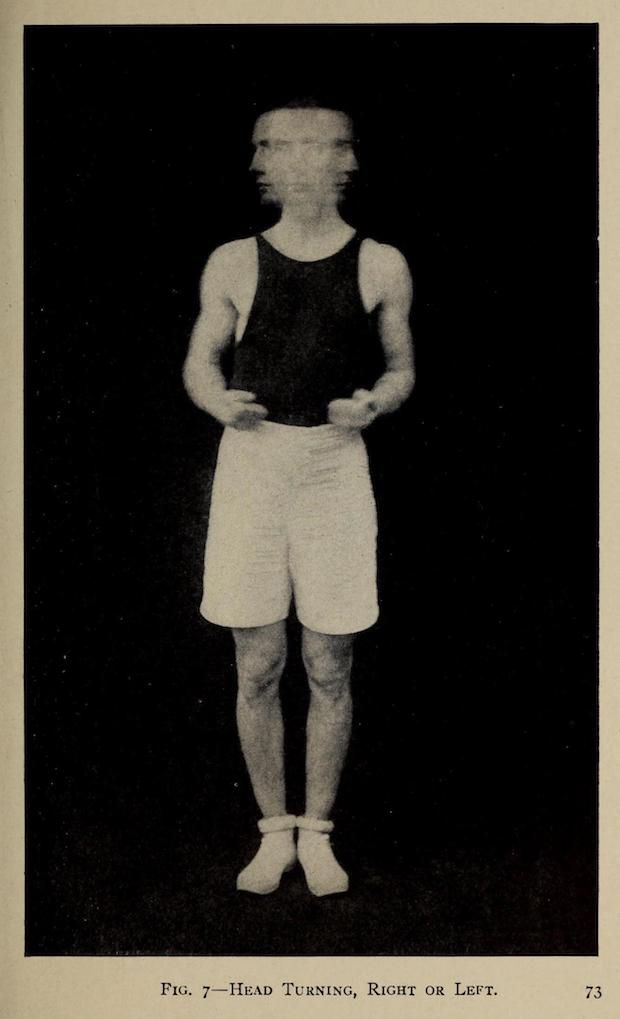 Vintage black and white photograph of a person demonstrating a posture exercise, head turned to the right, wearing athletic clothing.