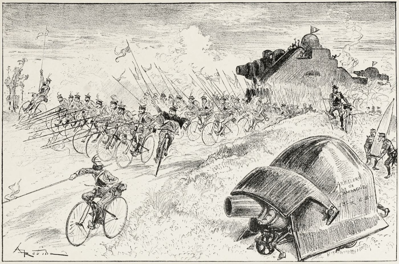 A black and white illustration of soldiers on bicycles advancing towards a fortified position with cannons.