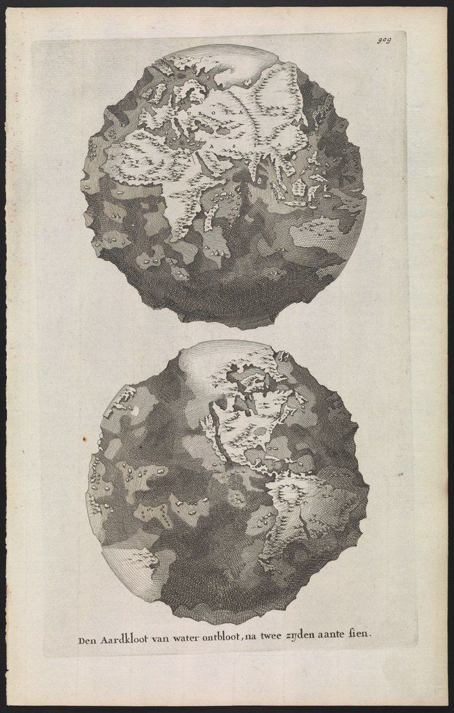Vintage illustration of two globes split down the middle, showing landmasses and water, with text below.