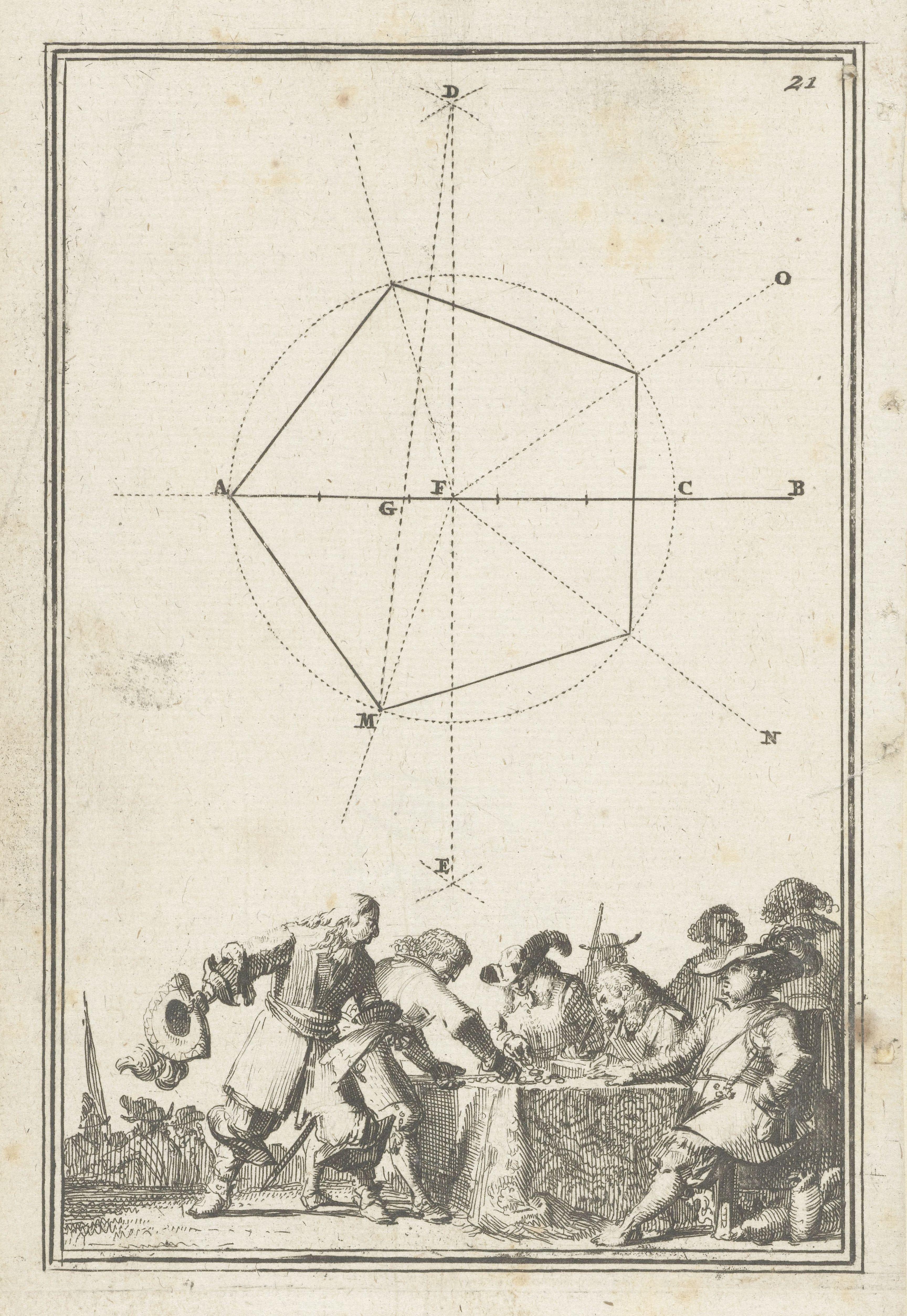 A vintage black and white engraving featuring a geometric diagram above a scene of people gathered around a table.