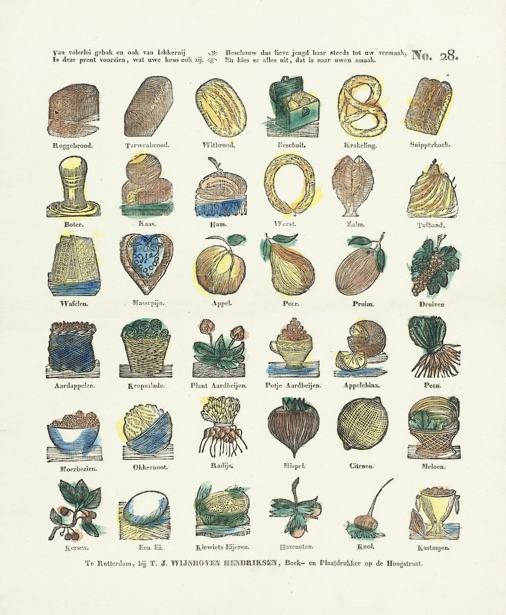 A vintage print featuring a grid of illustrations depicting various food items, each labeled in Dutch. The items are arranged in rows and columns, creating a visually organized display. The illustrations are detailed and appear to be hand-drawn or engraved, with a slightly aged and rustic aesthetic. The print is titled 'No. 28' and includes text at the bottom indicating the publisher and location: 'Te Rotterdam, bij T. J. Wijnhoven Hendriksen, Boek- en Plaatsdrukker op de Hoogstraat'.