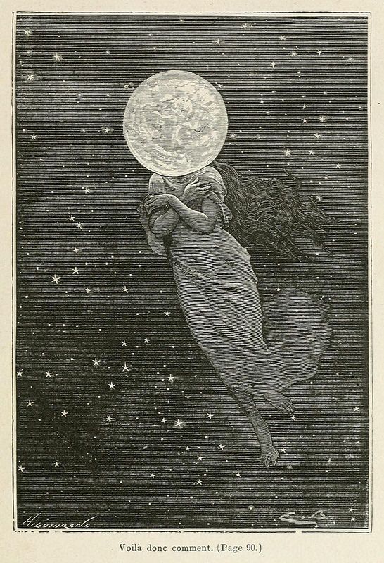 A vintage black and white illustration of a woman cradling the moon in a star-filled sky.