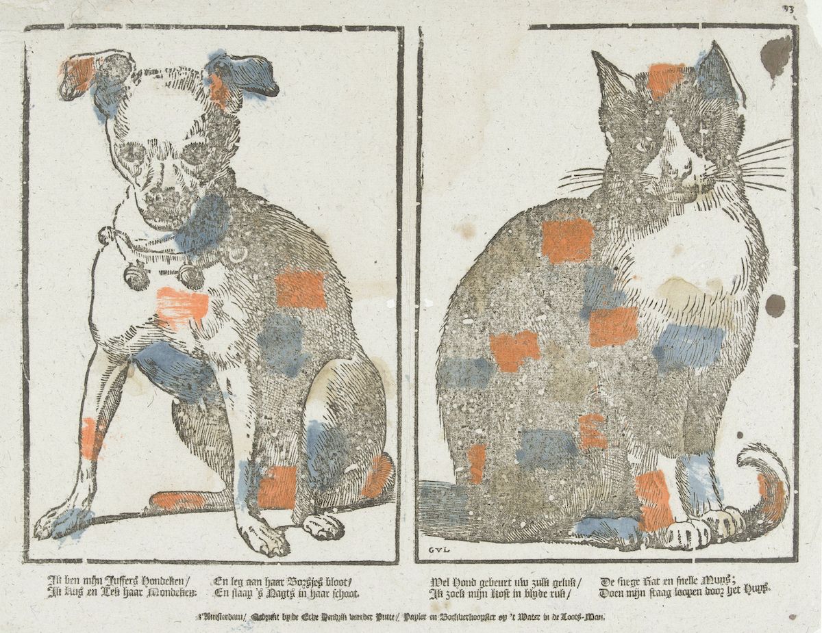 Vintage illustration of a dog and a cat with patterned fur.