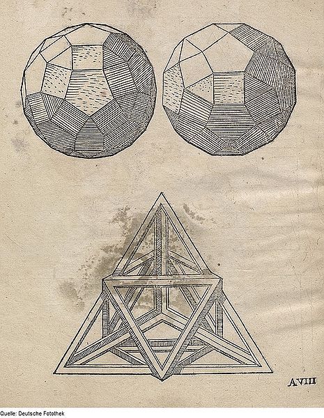 Vintage illustration of two faceted spheres and a complex star-shaped geometric structure.