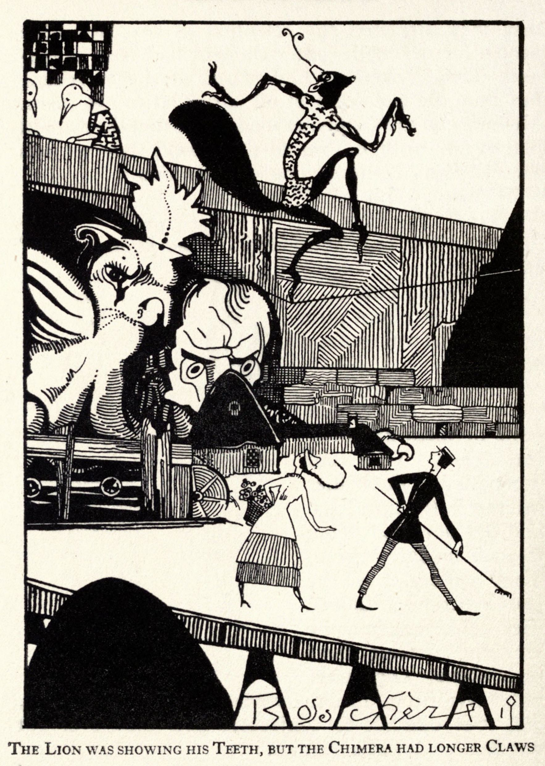 A black and white illustration depicting a chimera and a lion in a fantastical scene with people and buildings.
