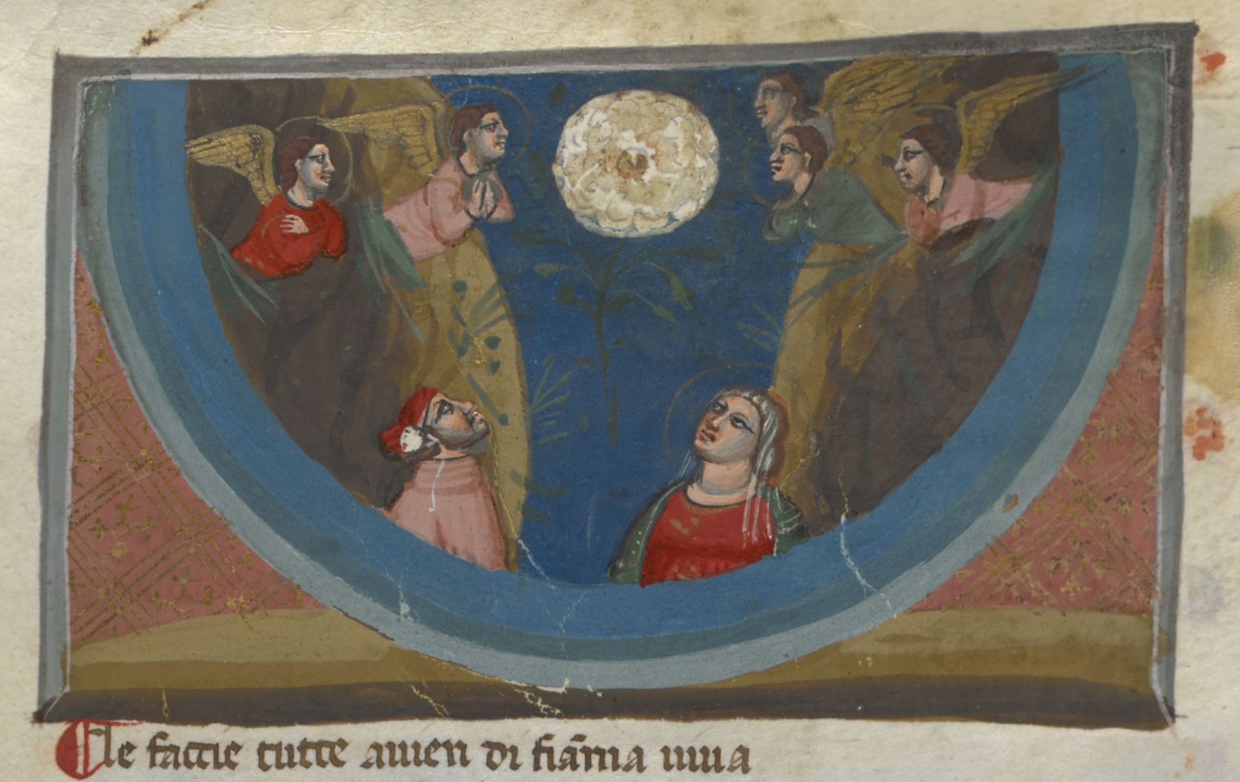 Medieval manuscript illustration of the Annunciation, featuring the Virgin Mary kneeling before a radiant halo, surrounded by angels.