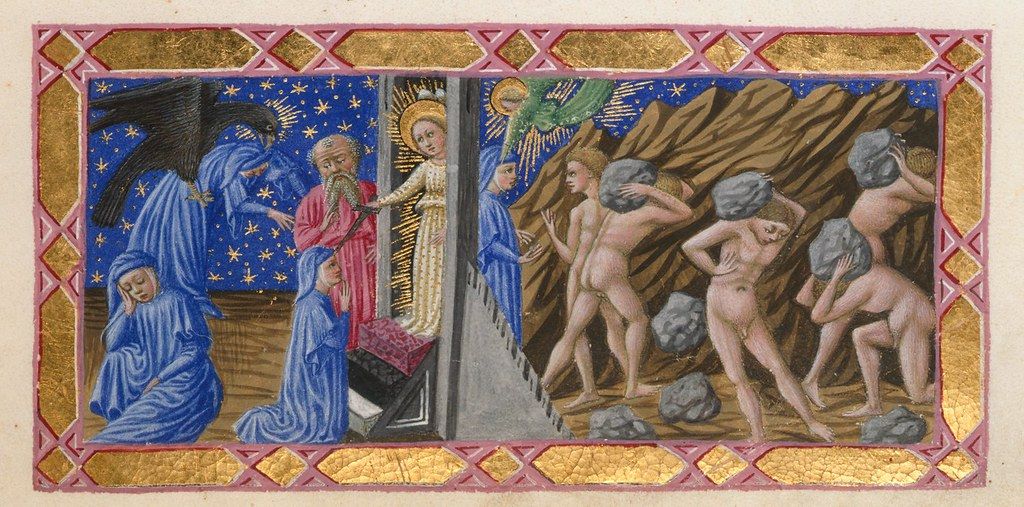 Medieval illuminated manuscript illustration depicting a religious scene with an angel, a man, the Virgin Mary, and nude figures carrying rocks.