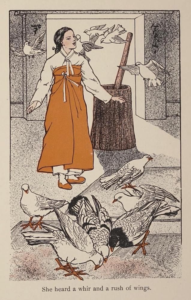 A vintage illustration of a young woman in traditional Korean attire surrounded by a flock of pigeons near a wooden structure.