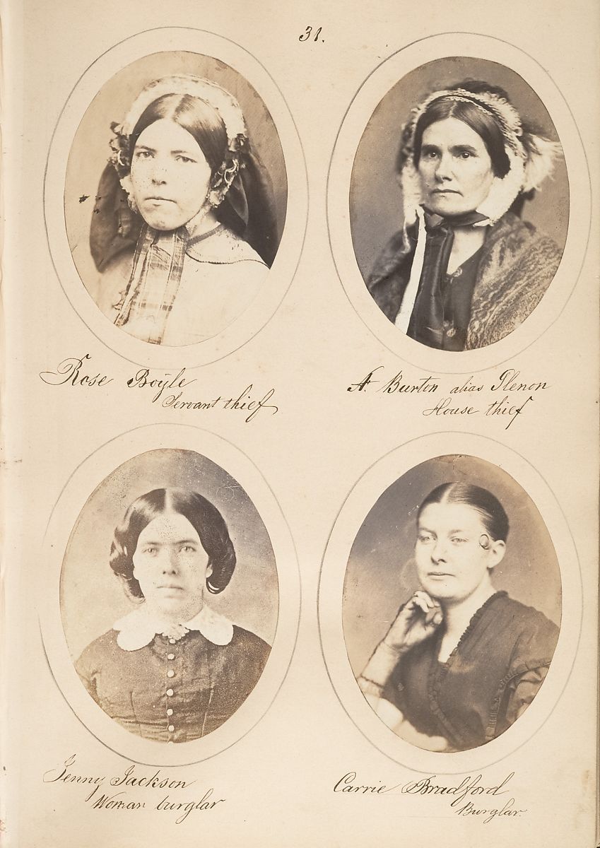 Four oval-shaped portraits of women, arranged in a grid-like pattern on a beige background. Each portrait is labeled with the woman's name and a description of their crime.
