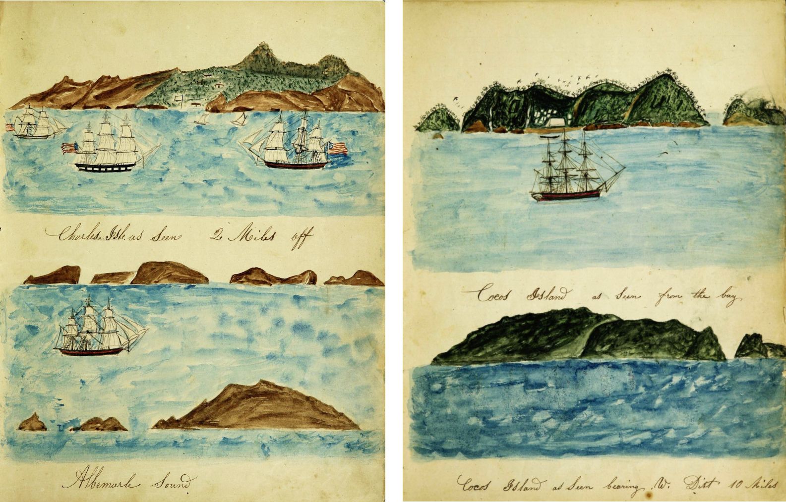 Two pages from a sketchbook or journal, each depicting a coastal scene with islands and ships.