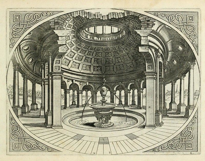 Detailed black and white engraving of a circular interior space with a fountain, columns, and a coffered dome ceiling.