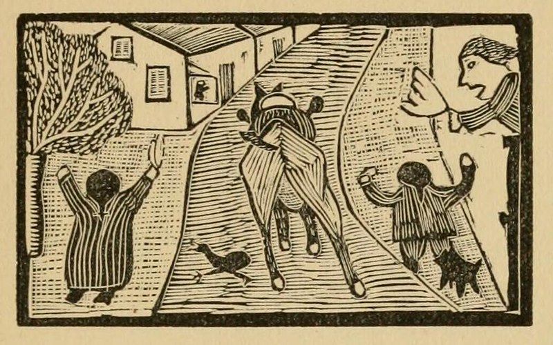 A black and white woodcut-style illustration of a horse galloping down a street, with children reacting and a chicken running away.
