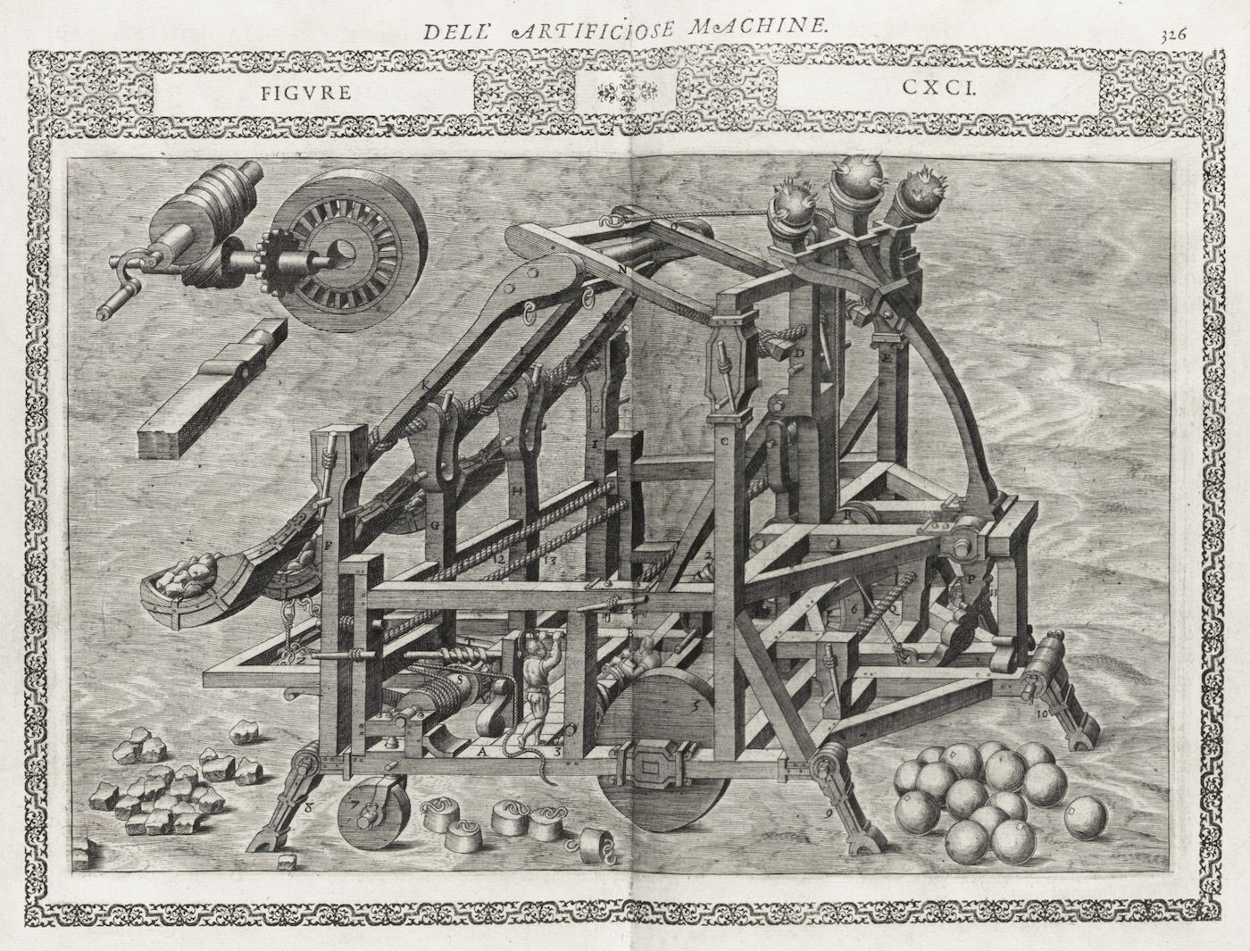 Detailed black and white engraving of a complex historical machine with gears, levers, and a small figure operating it. Cannonballs are scattered around the base.