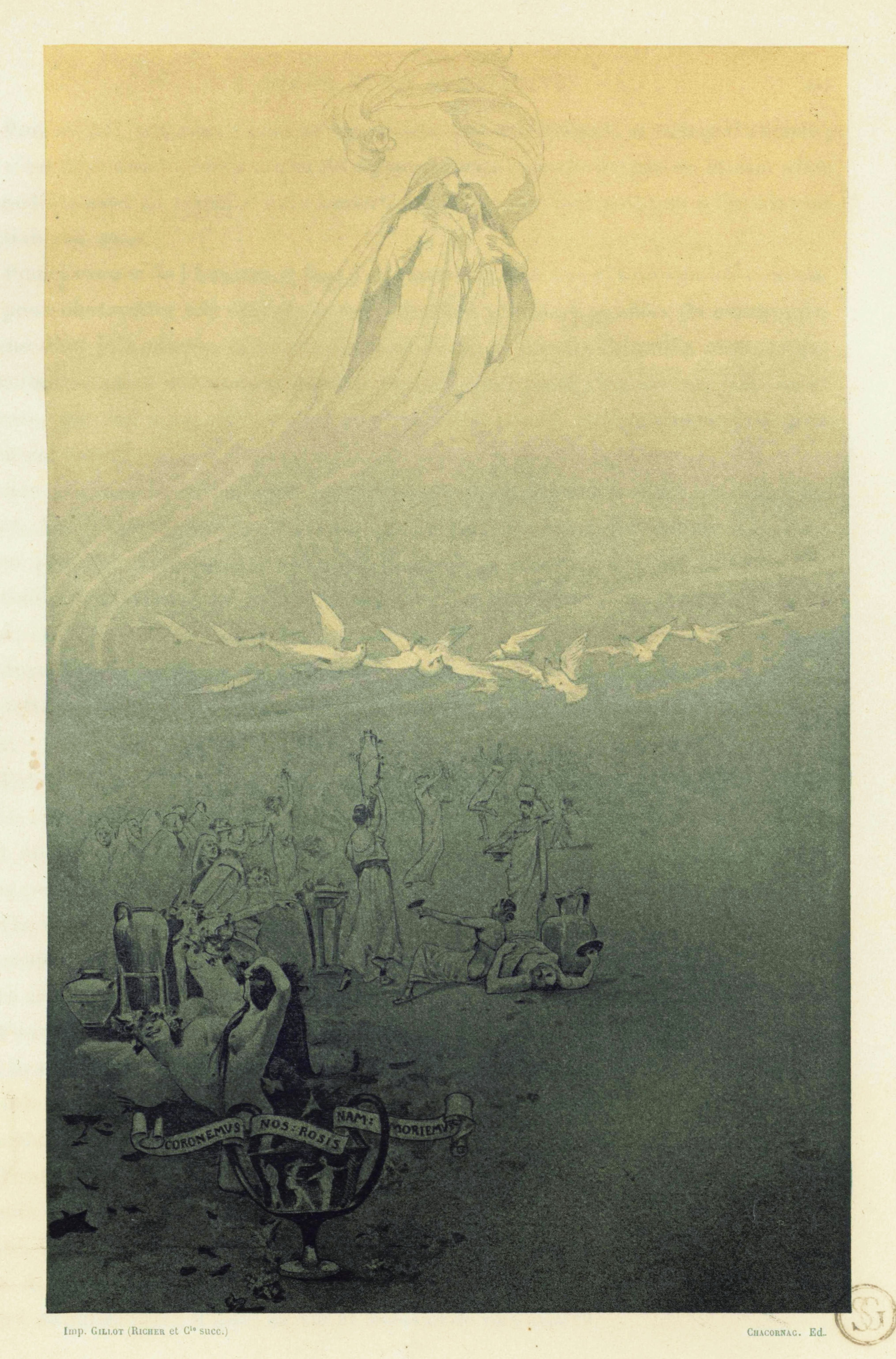 Vintage illustration of a woman floating above a crowd of people, with birds flying around her and armor at the bottom.