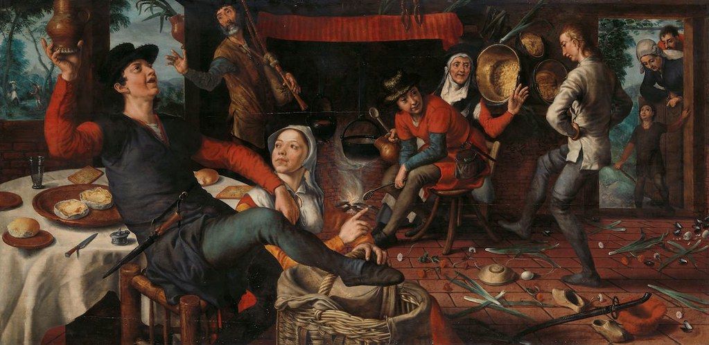 painting of a lively indoor scene with multiple figures engaged in a meal or gathering
