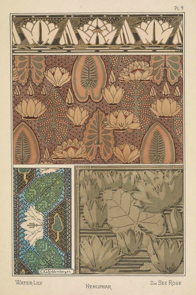 A plate from a design book featuring a complex floral pattern of stylized water lilies and leaves in shades of brown, beige, and muted green, framed by a decorative border. Below the main pattern are three smaller panels: a geometric design in blue and green, a realistic illustration of a water lily, and a rose.