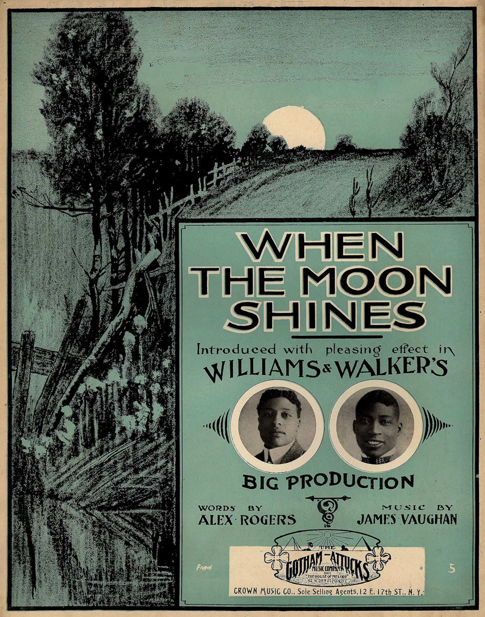 Vintage sheet music cover for "When the Moon Shines" featuring a tree illustration and portraits of two men.
