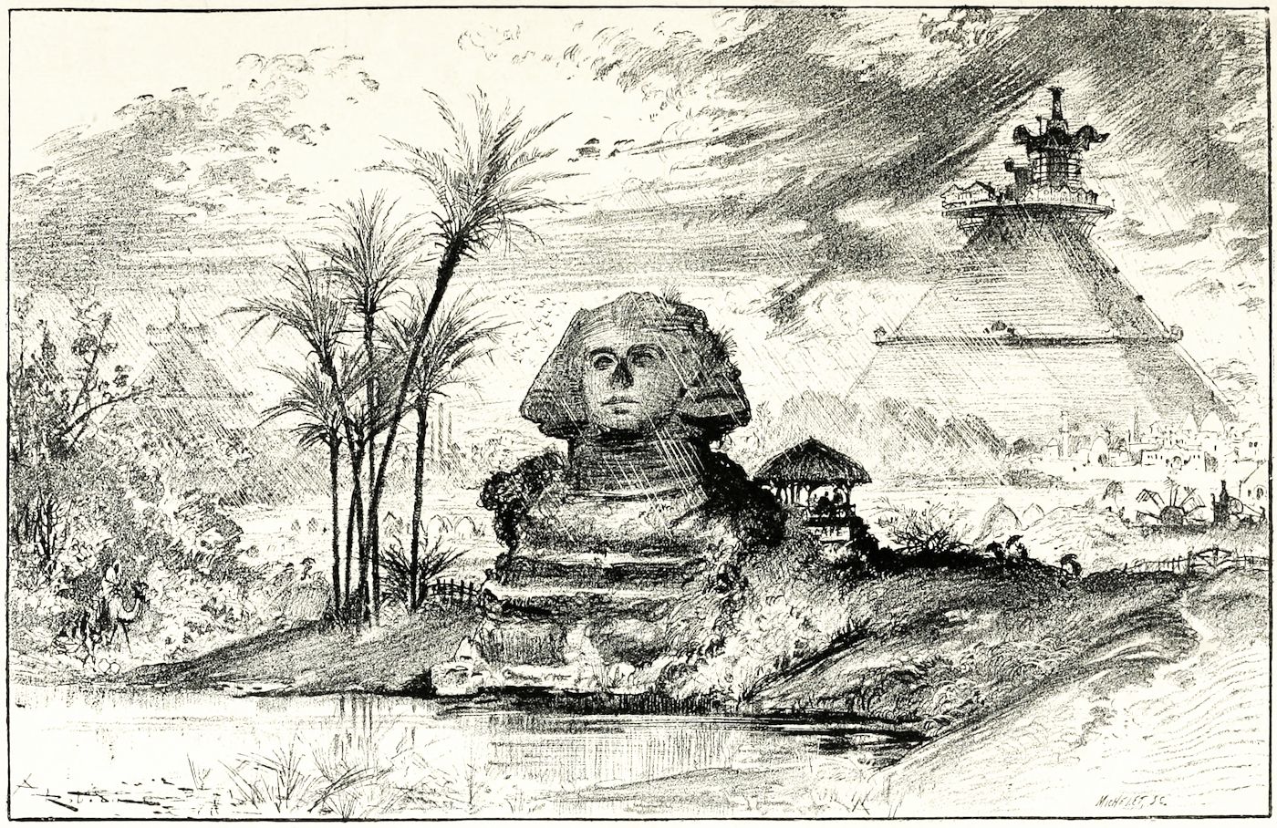 A black and white sketch of a Sphinx in front of a pyramid, surrounded by water and vegetation.