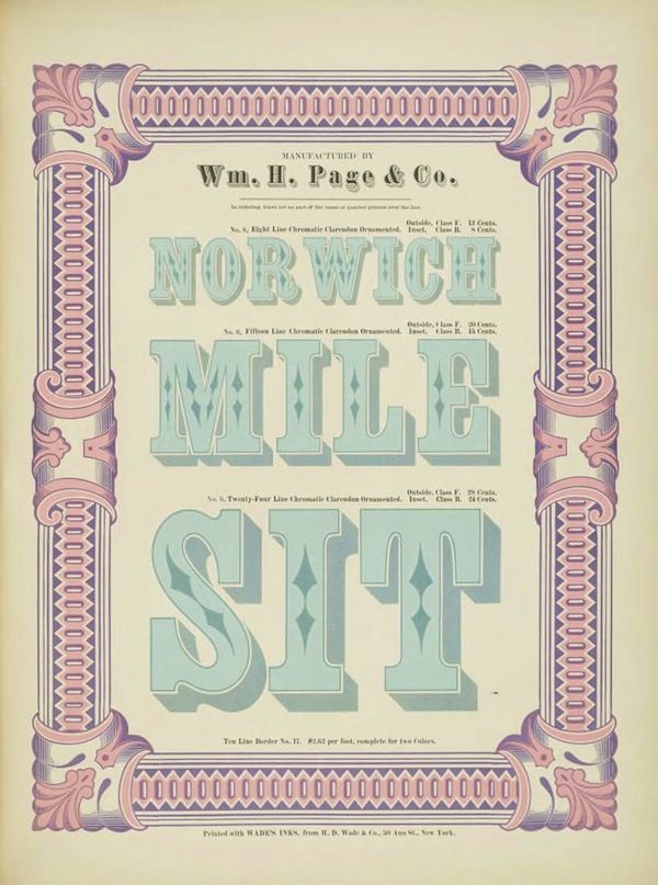 A vintage lithograph with ornate pink and green border and large green text reading "NORWICH", "MILE", and "SIX".