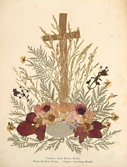 Pressed flower arrangement with a wooden cross and text in multiple languages.