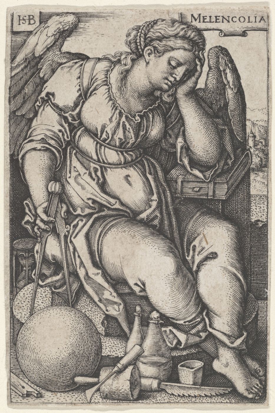 A black and white engraving depicting a winged, melancholic figure surrounded by tools and objects.