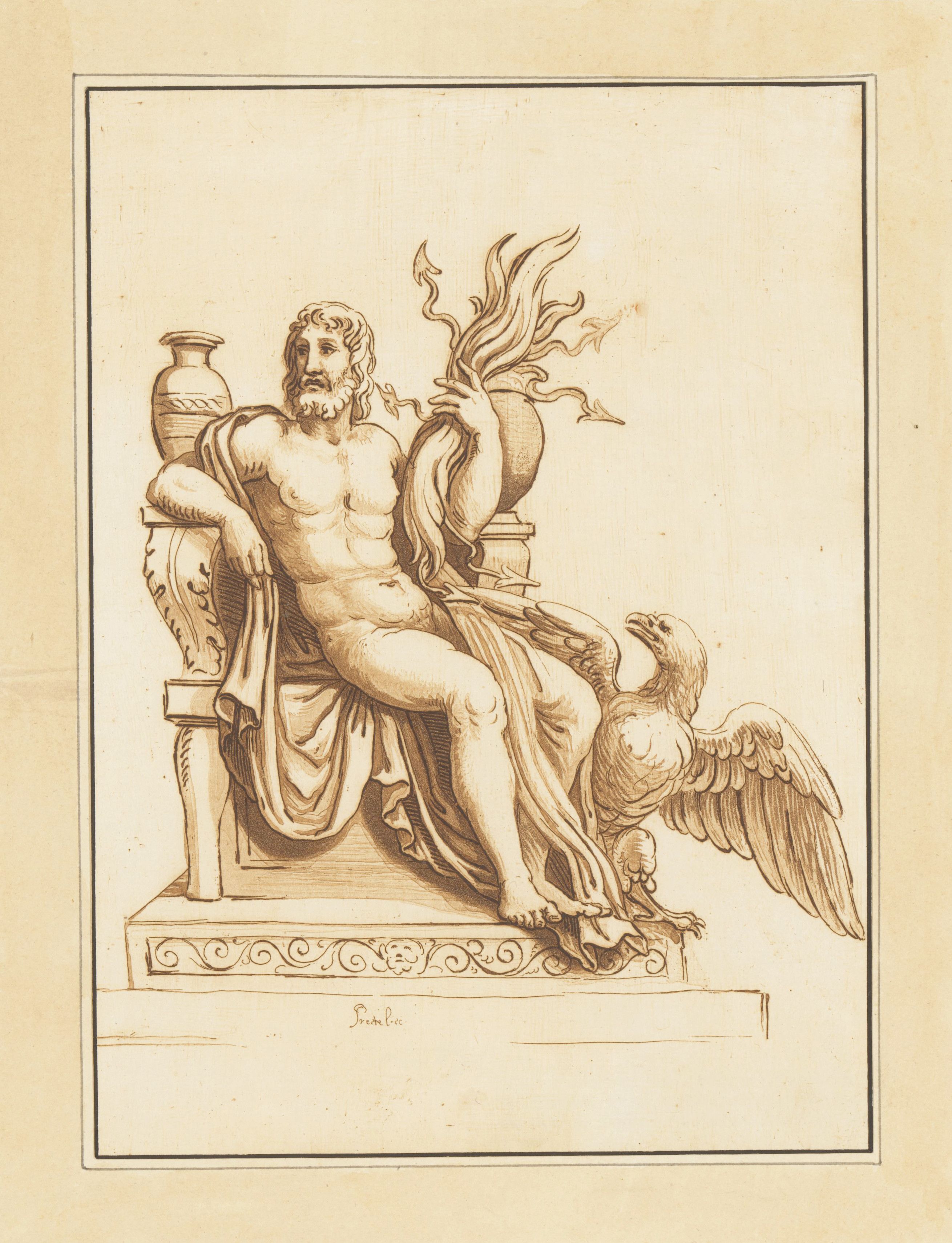 Sepia-toned drawing of a bearded man seated on an architectural structure with an eagle at his feet.
