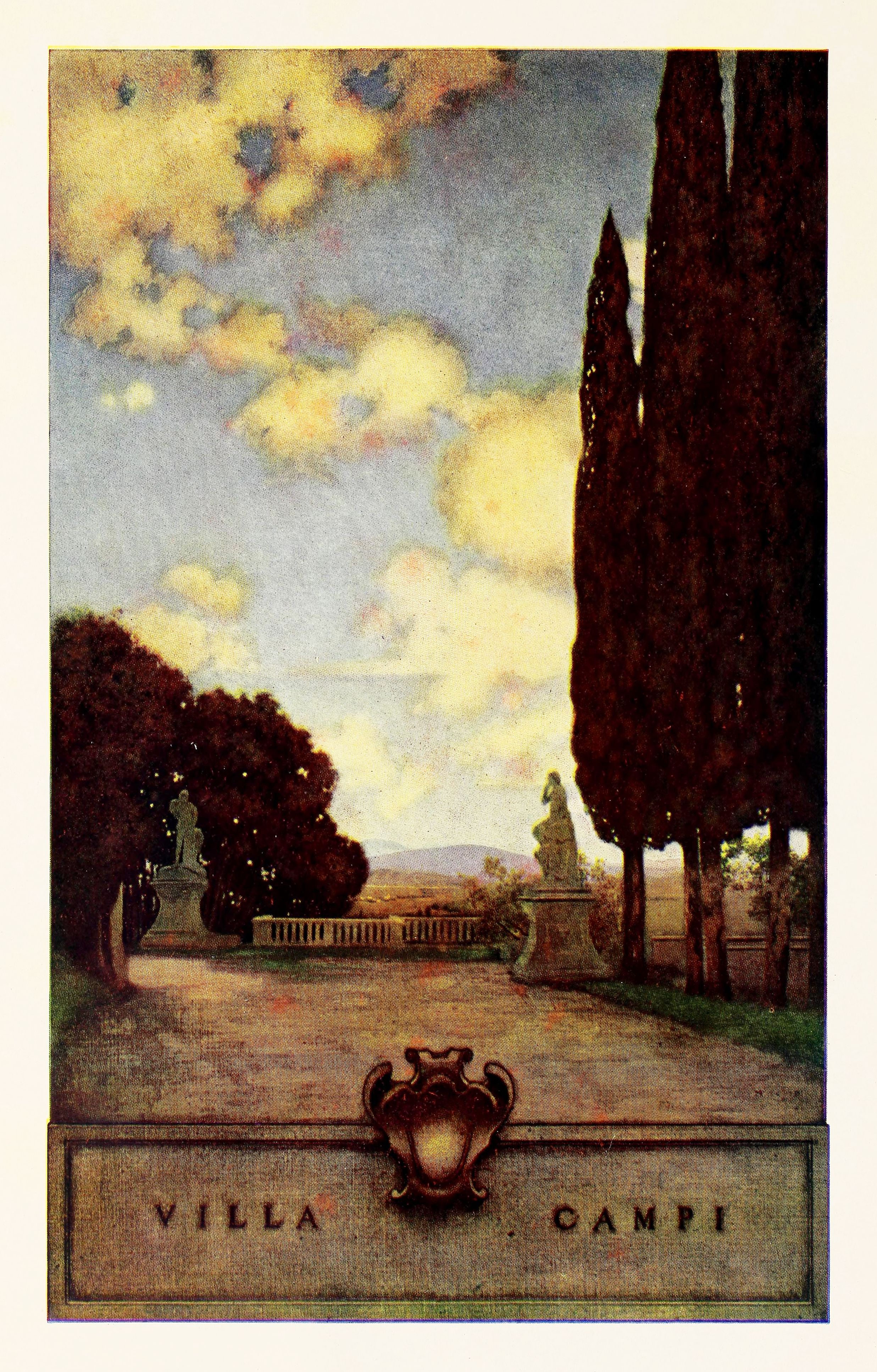 A vintage postcard depicting a grand estate with a long driveway leading to a classical-style villa, framed by lush trees and a soft sky. The text 'VILLA CAMPI' is at the bottom.