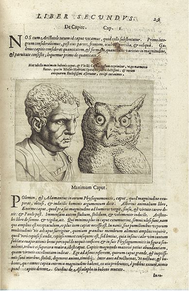 Vintage illustration of a man and an owl on a book page with Latin text.