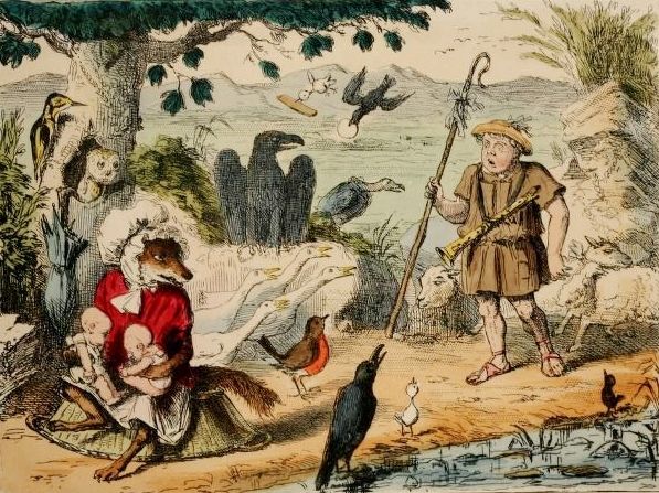 Vintage illustration of a fox dressed in human clothing cradling babies, a shepherd playing a horn, and various birds in a rural landscape.
