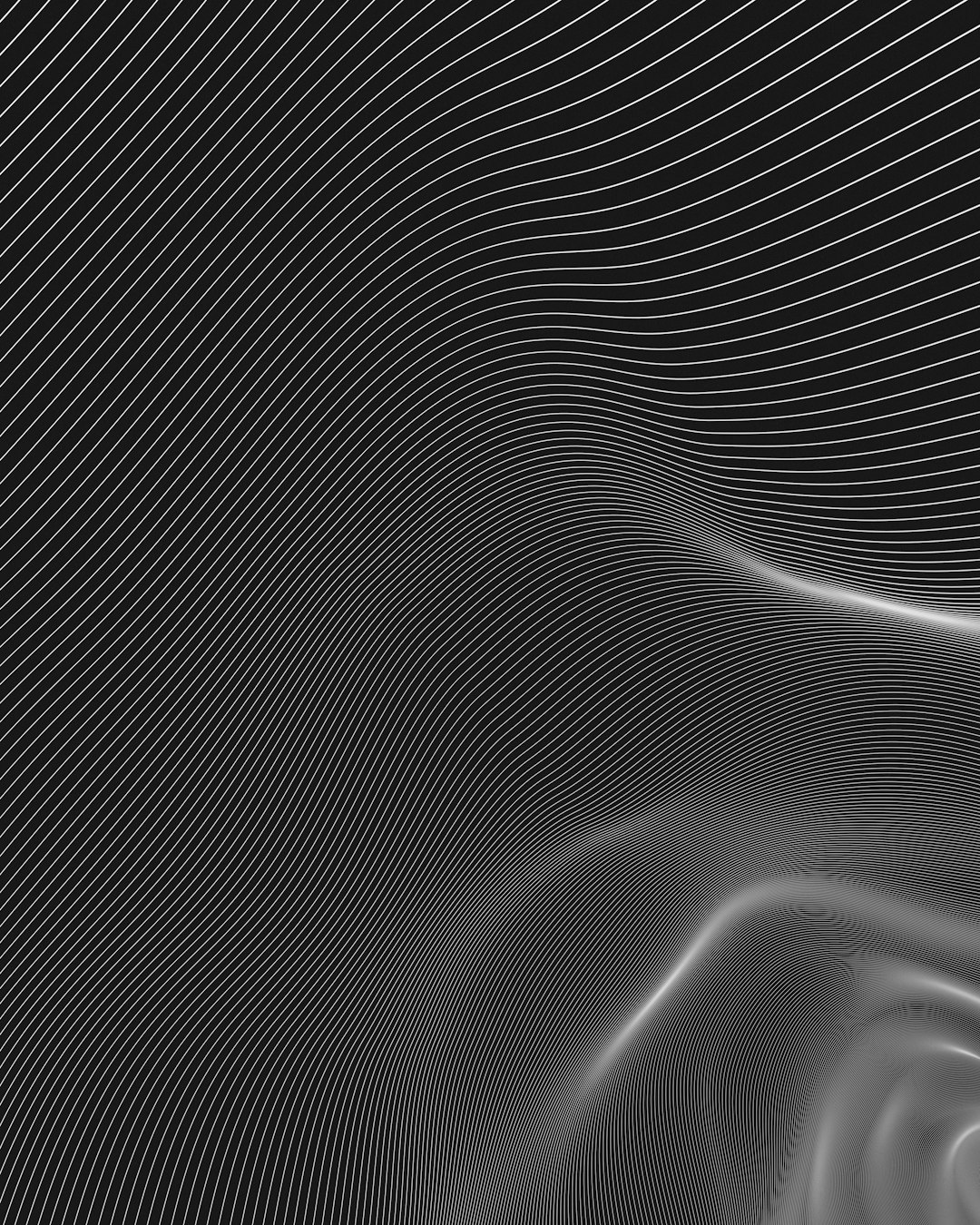 The image is a minimalist abstract design featuring a network of thin, white lines against a black background. The lines are not straight but are instead curved and undulating, creating a wave-like or topographical map effect. The lines are densely packed in the lower right corner, appearing as a concentrated ripple, and gradually become more sparse and parallel as they extend towards the upper left. The overall impression is one of movement, depth, and a subtle, organic texture. It resembles a visual representation of sound waves, energy fields, or a stylized landscape.
